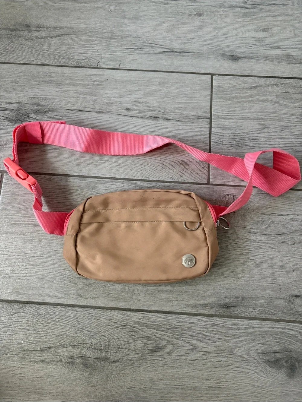 Neutral Tan Crossbody Belt Bag with Pink Strap